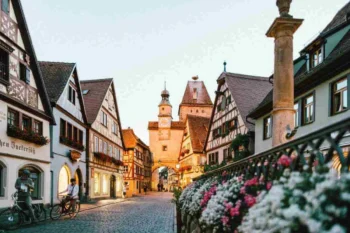 men on bikes on streets of Rothenburg ob der Tauber in Bavaria